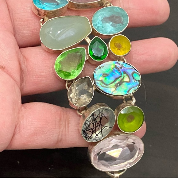 Stunning Multicolored Gemstones Crystals Mixed Cabochon Wide Bracelet 55.1g - Picture 13 of 16